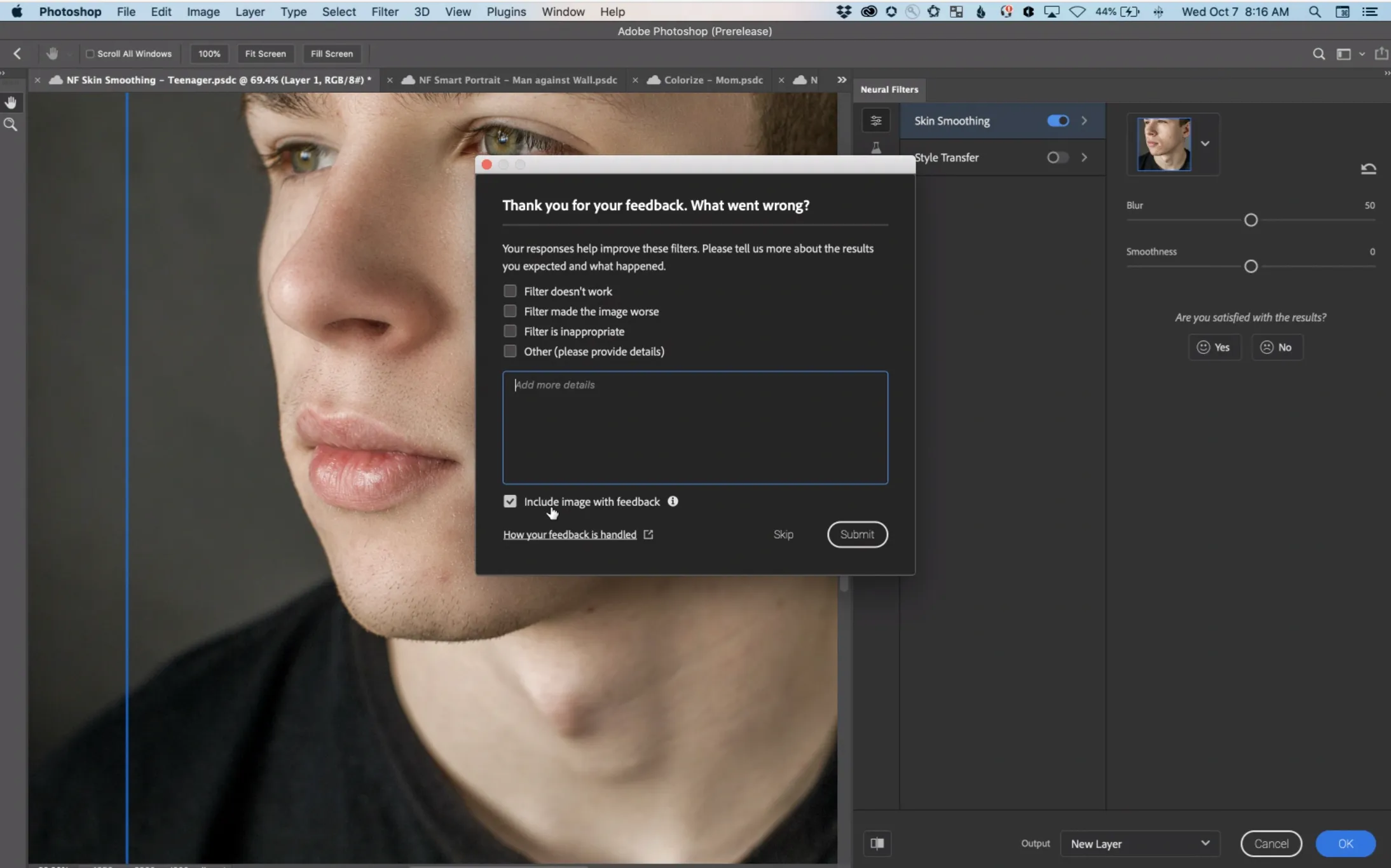 Photoshop neural filters feedback screen